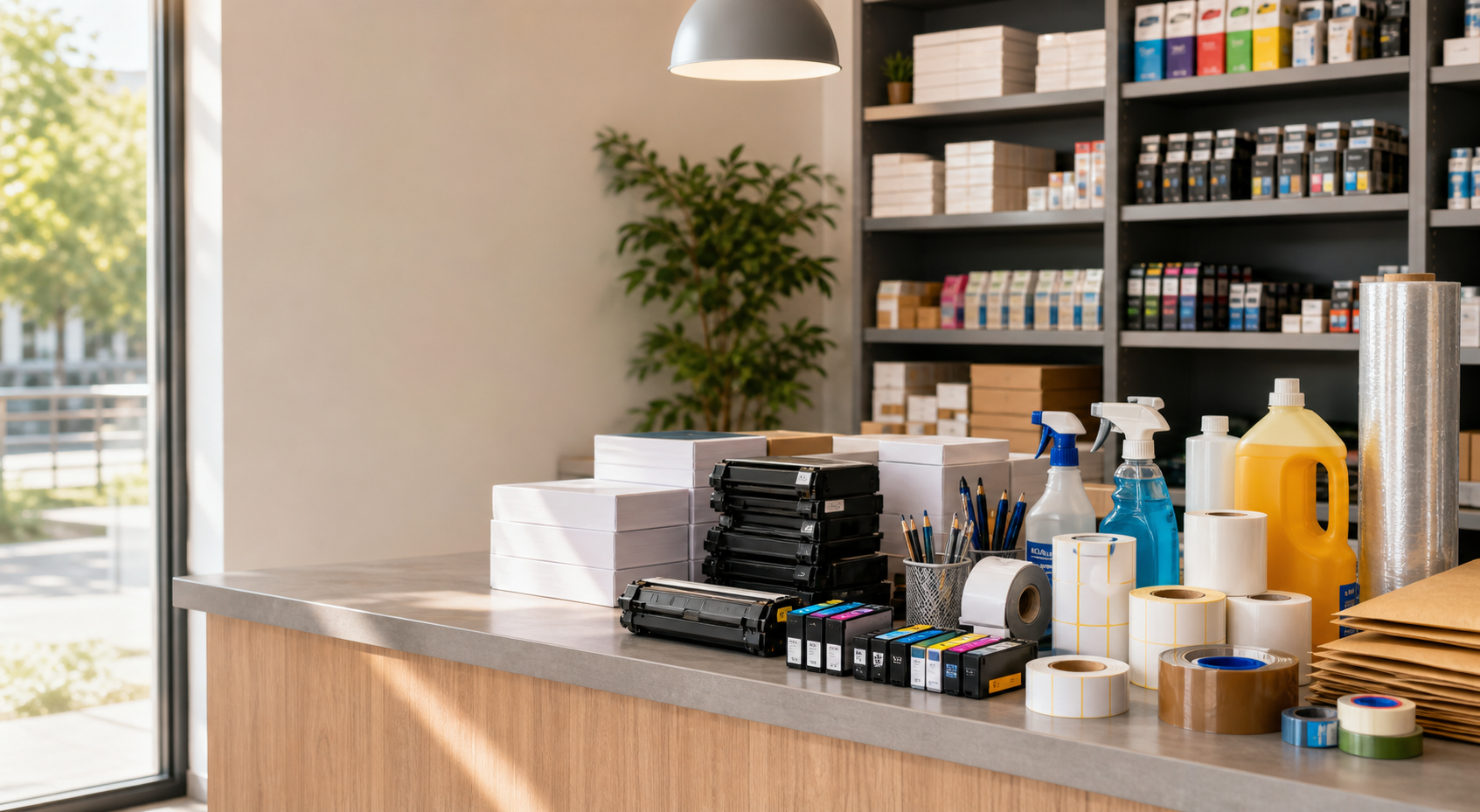 Consumibles de impresión y material de oficina organizados en una tienda